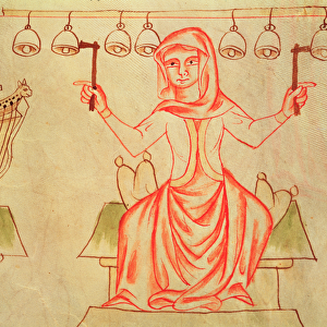 Mx XXIII C. 124 Musician playing bells, from the Velislav Bible, c. 1340 (vellum)
