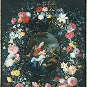 The Mystic Marriage of St. Catherine in a Landscape, surrounded by a Garland of Flowers