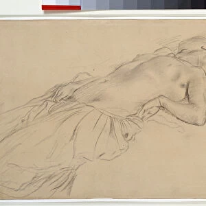 Naked woman lying on her back study for "Scene de guerre au Middle Ages"