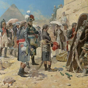 Napoleon Bonaparte in front of the pyramids contemplating the mummy of a king in