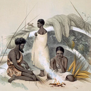 Natives of Encounter Bay, making cord for fishing nets in a hut formed from the ribs of a