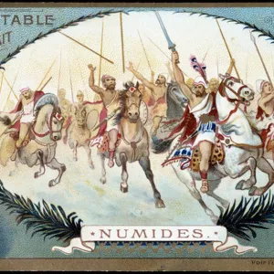 Numidie in Antiquit: Numid equestrian game. Liebig chromolithography late 19th century