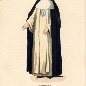 Nun of the Order of the Immaculate Conception. Conceptionniste, l ordre de l Immaculee Conception. Handcoloured woodblock engraving after an illustration by Jacques Charles Bar from Abbot Tirons Histoire et Costumes des Ordres Religieux