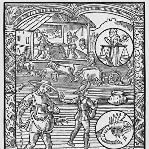 October, sowing, ploughing and threshing, Libra, illustration from the Almanach