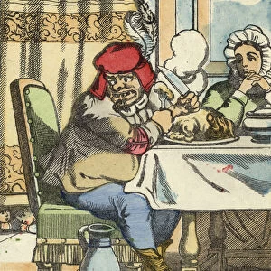 The ogre at the table, feels the presence of little Poucet and his brothers