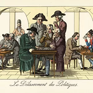 Old men playing checkers in Cafe de la Regence, 1800s. 1906 (lithograph)