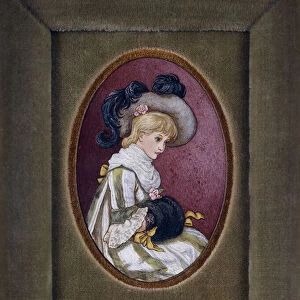 Oval portrait of a blonde girl wearing a plumed hat with her hands inside her muff