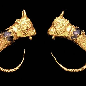 Pair of earrings with bull heads, 2nd century BC (gold, rock crystal, granulation)
