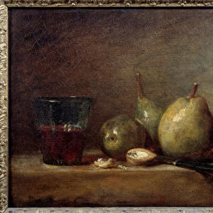 Pears, nuts and glass of wine. Still life. Painting by Jean Baptiste Simeon Chardin
