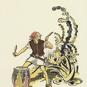 Peter Pan and Wendy: Twice Smee beat upon the instrument, and then stopped to listen gleefully (colour litho)