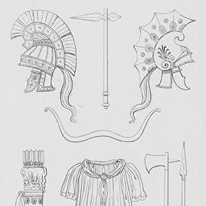 Phrygian helmets, bow, bipennis, quiver, tunic, axe and javelin (engraving)