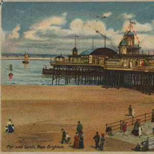 Pier and sands, New Brighton, Merseyside (colour litho)