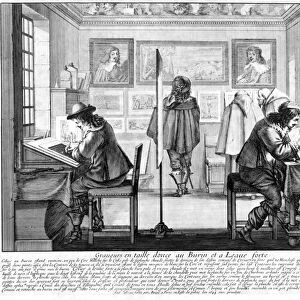 Plate engravers working with gallery behind, 1643 (engraving) (b / w photo)