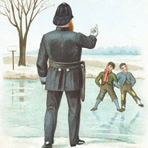 Policeman telling-off Boys, New Year Card (chromolitho)