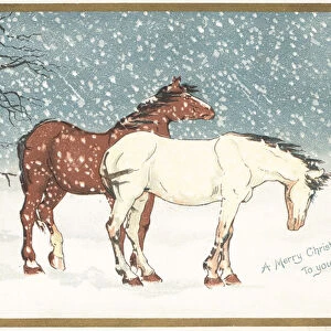 Ponies in the snow, Christmas Card (chromolitho)