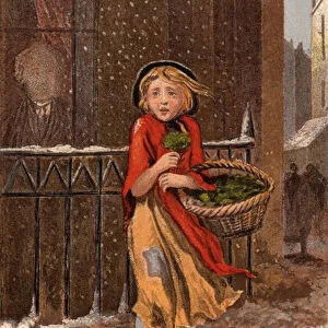 Poor girl selling watercress on a snowy street (chromolitho)