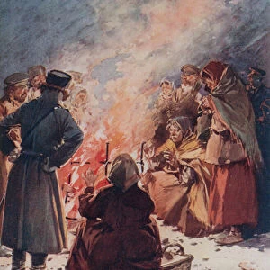 The Poor of Moscow warming themselves at Street Fires in Winter (colour litho)