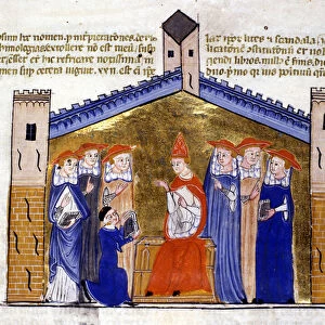 Pope John XXII of Avignon receiving from the author the apparat of Clement V (Schism)