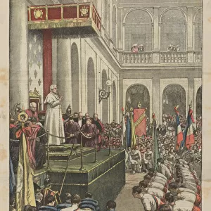 Pope Pius X receives and blesses French gymnasts in the courtyard ofs Damaso (colour litho)