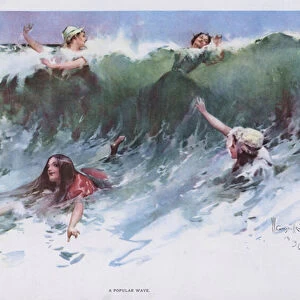 A Popular Wave: women playing in the waves at the seaside (colour litho)