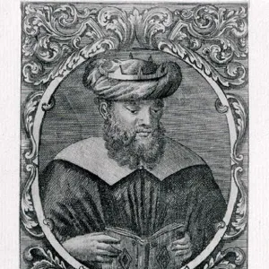 Portrait of Avicenna (Ibn Sina) (980-1037) Reading (engraving) (b / w photo)