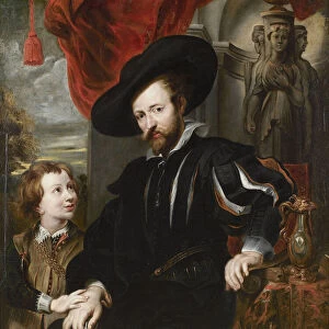 "Portrait du peintre Pierre Paul Rubens (1577-1640) et son fils Albert (Portrait of Peter Paul Rubens with his son Albert) Peinture de l ecole de Peter Paul Rubens 17eme siecle Oil on canvas - Rubenshuis Anvers