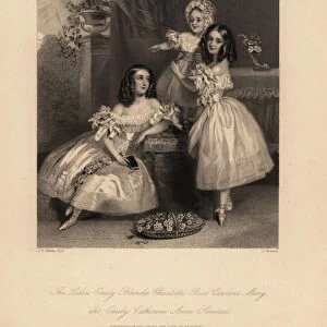 Portrait of Emily Blanche Charlotte, Rose Caroline and Emily Catherine Anne Somerset, daughters of Henry Somerset, 7th Duke of Beaufort. Three young sisters with ringlets in satin dresses with ribbons and lace, ballet shoes. Steel engraving by J