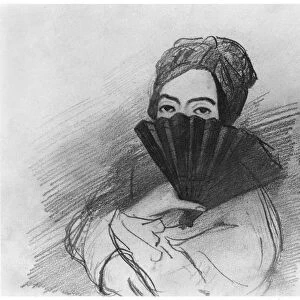 Portrait of George Sand (1804-76) behind her fan (pencil on paper) (b / w photo)
