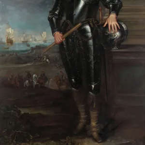 Portrait of Oliver Cromwell (1599-1658) in Armour, a Seascape and Battle Beyond