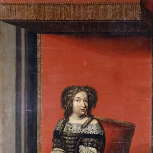 Portrait of Queen Maria Theresa, seated full length, in a jewel-encrusted black bodice with lace collar and a blue and gold skirt, on a throne (oil on canvas, unlined)