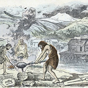 Prehistory, age of bronze: foundery workshop close to a stilt houses settlement Engraving from " La nature et l'homme" by Rengade 1881 Private collection