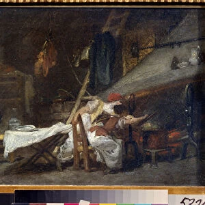"Pres du poele"(At the stove) Scene dans une cuisine, pres des fourneaux, des cuisinieres surveillent la cuisson d un plat dans une marmite. Peinture de Jean Honore Fragonard (1732-1806). Huile sur toile. Rococo