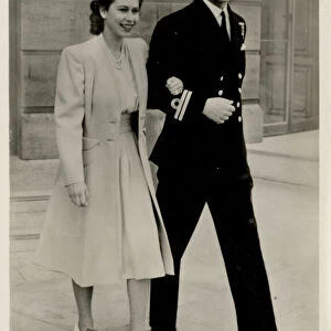 Princess Elizabeth (later Elizabeth II) on her betrothal to Lieutenant Philip Mountbatten, Buckingham Palace, London, 1947 (b / w photo)