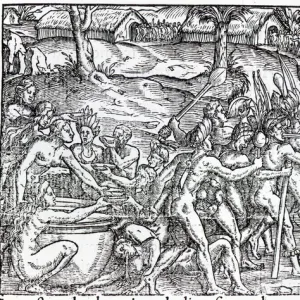 Procession of natives drinking and smoking, engraved by Theodor de Bry (1525-75)