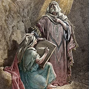 The prophete Jeremie dictating his propheties to Baruch - Colorisee engraving by