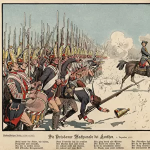 Prussian infantry at the Battle of Leuthen (colour litho)