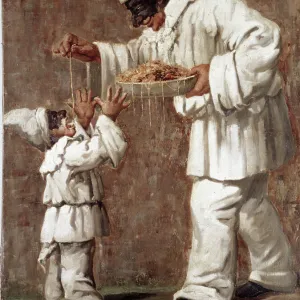 Pulcinella giving pasta to a little Pulcinella, 19th century (painting)