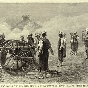 The Queens Birthday in the Colonies, firing a Royal Salute on Tower Hill at Sierra Leone (engraving)