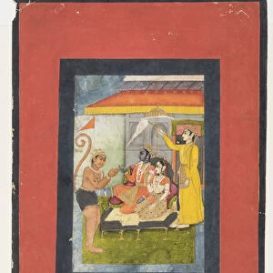 Rama and Sita enthroned, adored by Hanuman; Lakshmana holds a morchal, c
