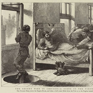 The Recent Fire in Chicago, a Scene in the Firemens Bedroom (engraving)