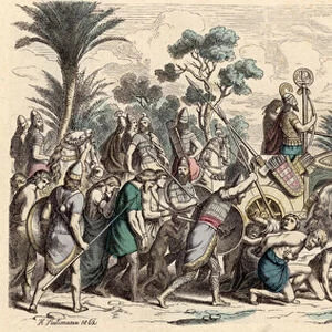 Reception of a victorious Assyrian army (coloured engraving)