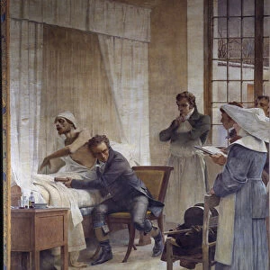 Rene Laennec auditing a phtic in front of her students. Rene-Theophile-Hyacinthe Laennec