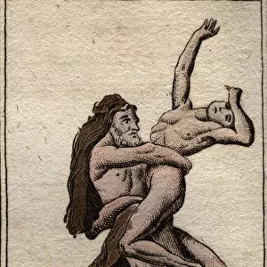 Representation of Hercules Terrassant Ante, King of Libya (Heracles (Hercules) killing Antaeus with a bearhug) From "Mythology of Youth "by Pierre Blanchard 1803
