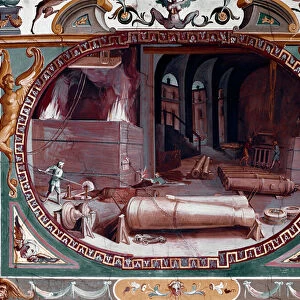 Representation of the workshop of a gun foundry, 16th century (Fresco)