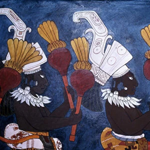 Reproduction of a mural showing musicians with rattles during a ceremony