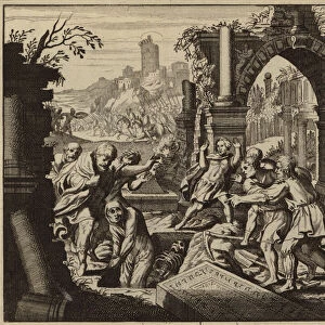 Resurrection of a dead man after his body touched the bones of Elisha (engraving)