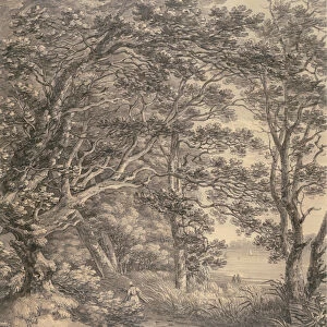 River Landscape with Figures (grey wash & graphite on paper)