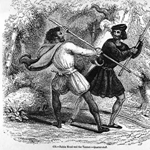 Robin Hood and the Tanner with Quarter-staffs (engraving) (b / w photo)