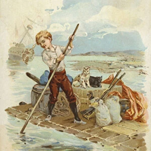 Robinson Crusoe on raft. (chromolitho)