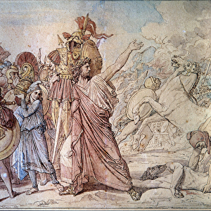 Romulus brings to the Temple of Jupiter (Zeus) the weapons of Acron he has just beaten